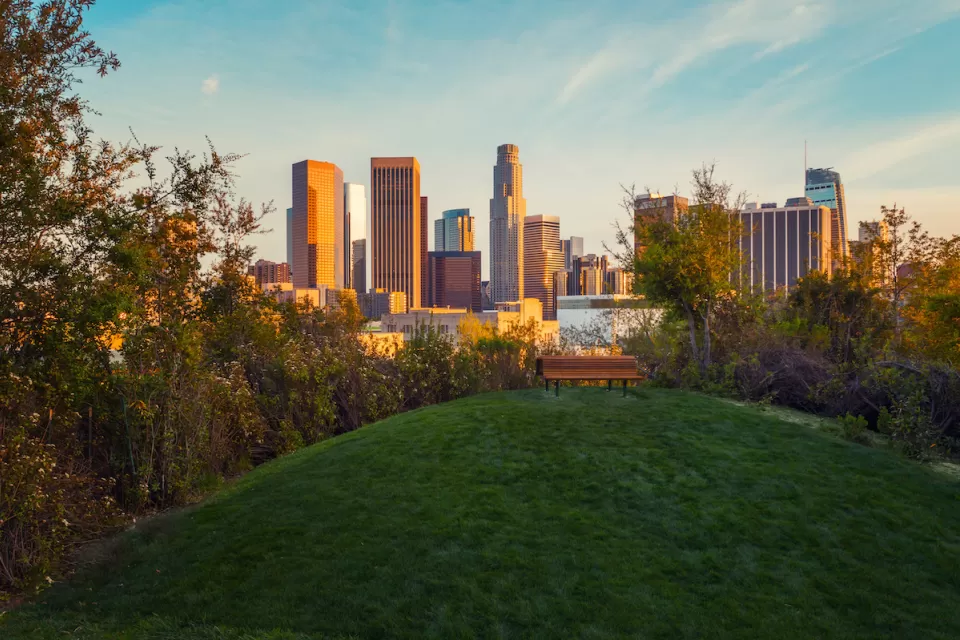 View of downtown Los Angeles at golden hour from top of grassy hill with wooden bench in Vista Hermosa Natural Park